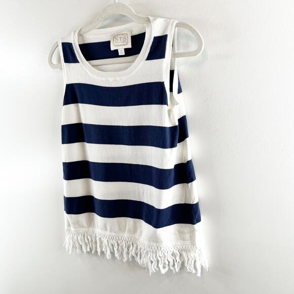 Sail to Sable Hydna Fringe Trim Striped Sweater Tank Top White Blue XS - Picture 8 of 9